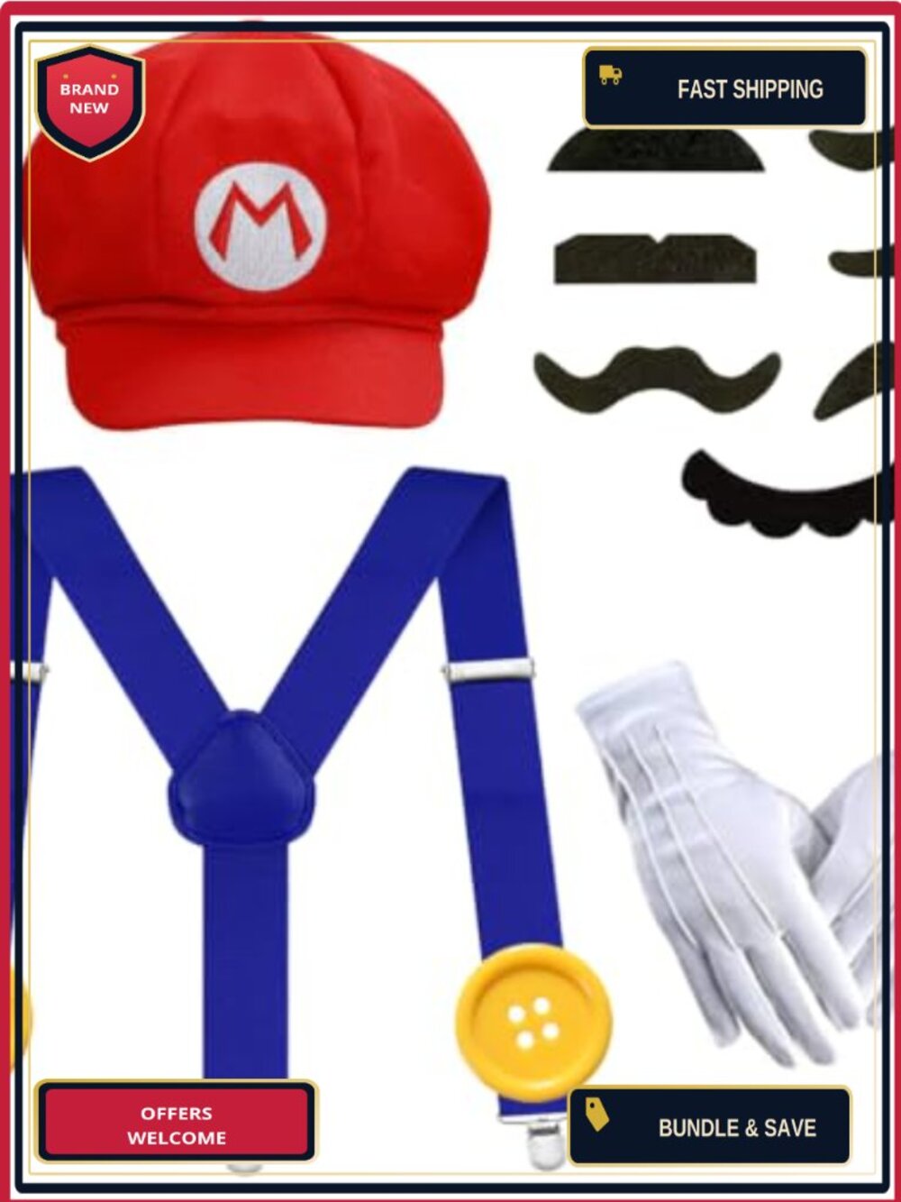 Adult Costume Set Hat Mustache Gloves Buttons Cosplay Halloween